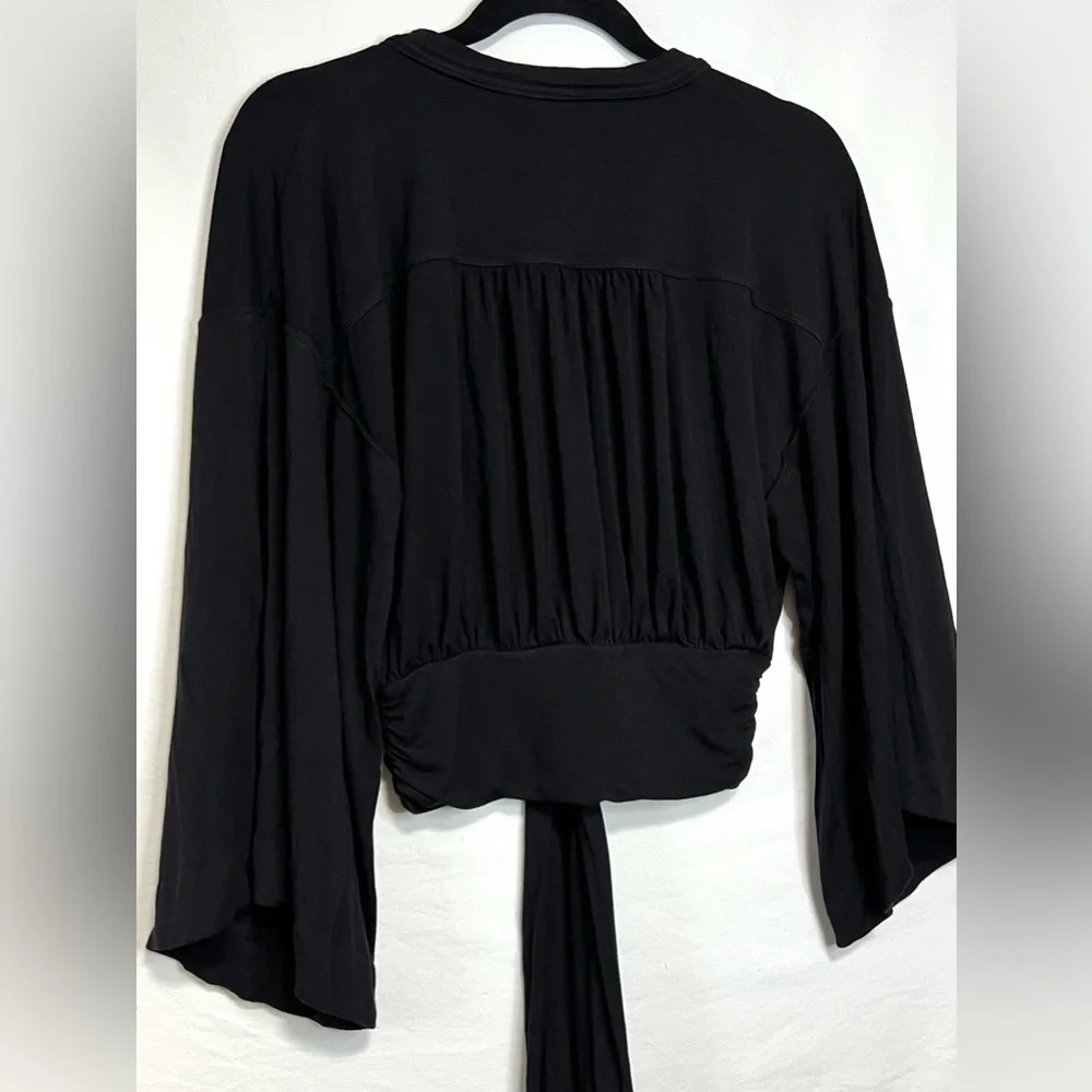 Free People That's a Wrap Black Bell Sleeve Crop Top Waist Tie Boho Trendy Chic